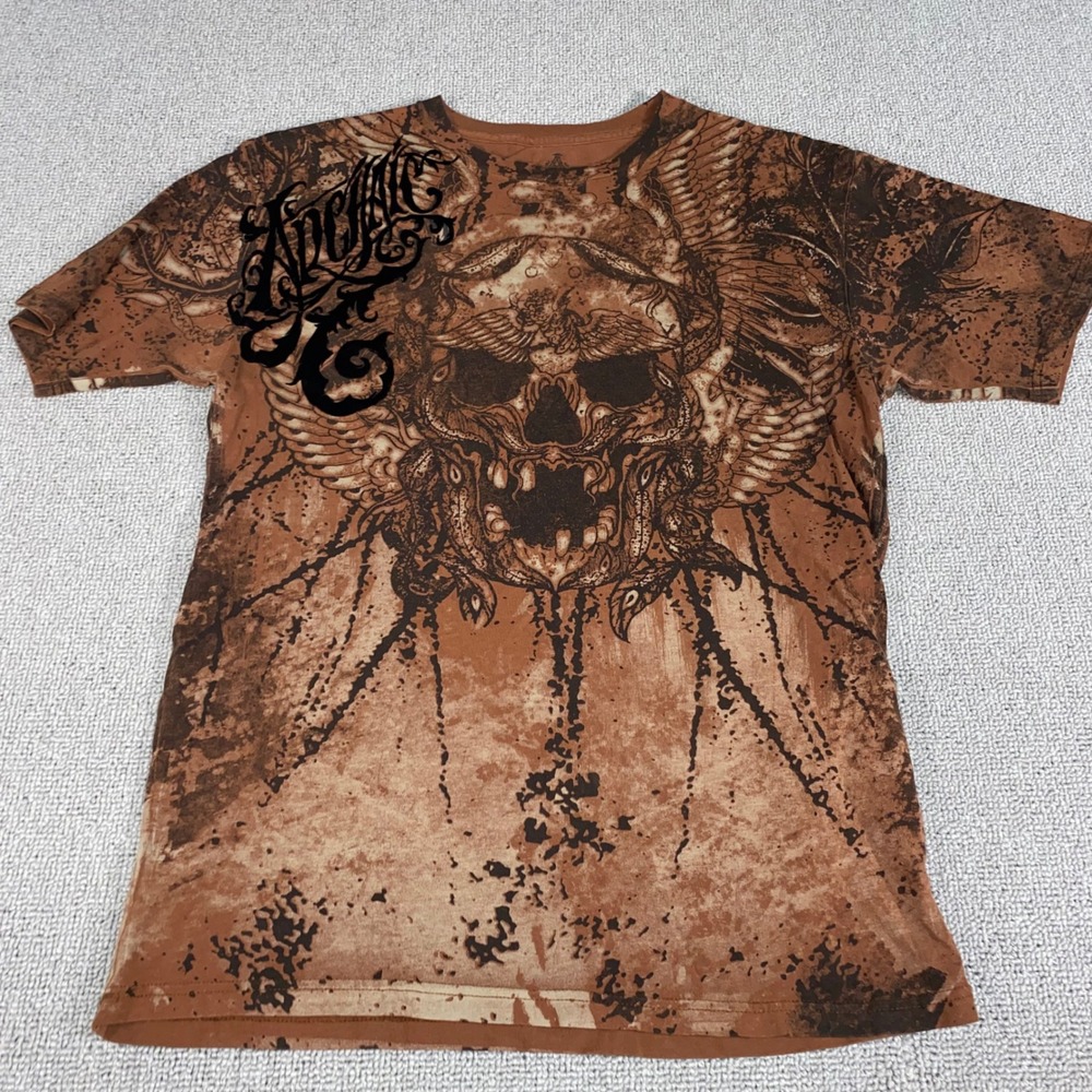 Archaic Skull Graphic T Shirt Womens Medium Brown All Over Print Edgy Goth Top 1